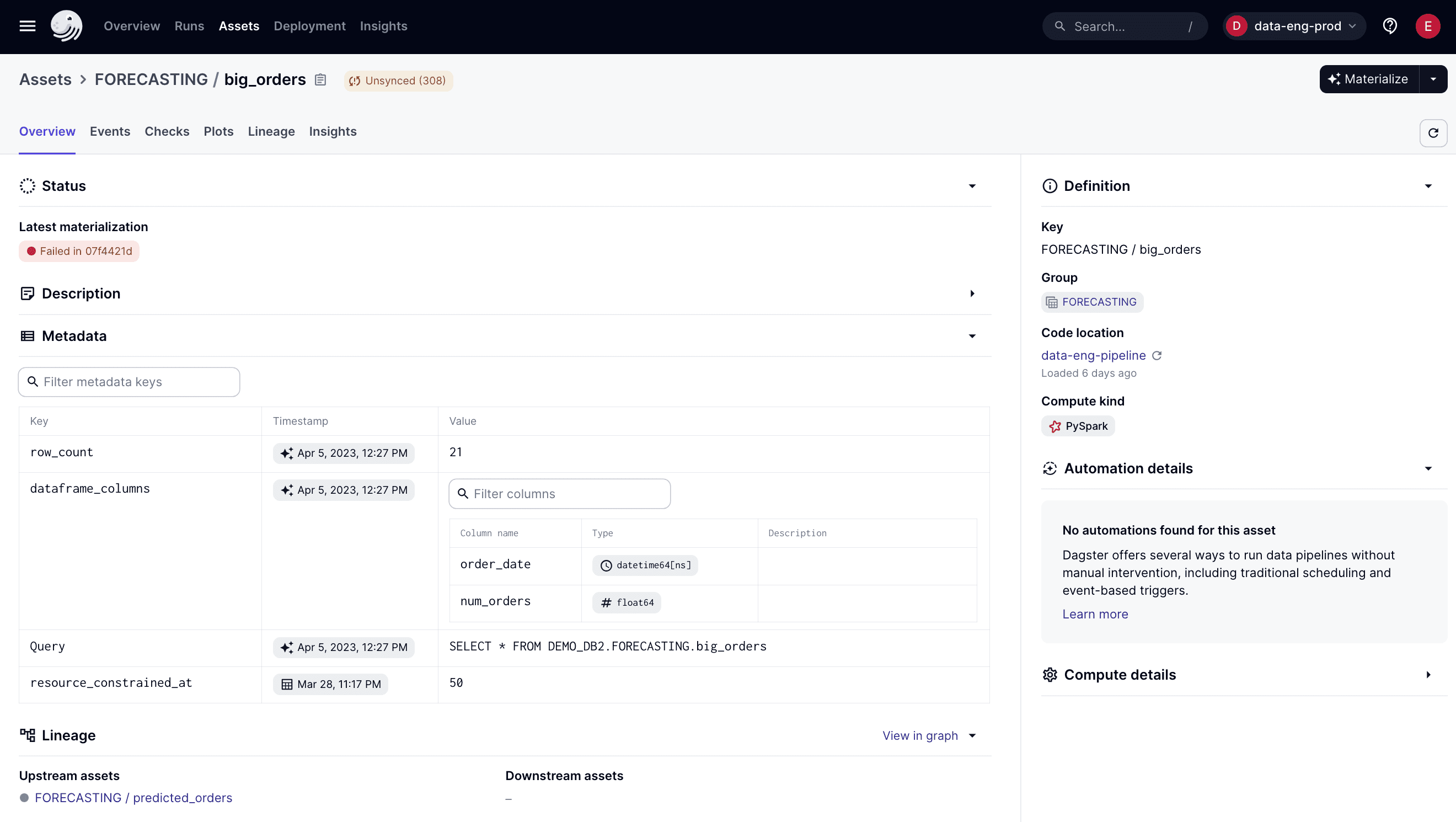 Overview tab showing metadata in the Asset details page of the Dagster UI