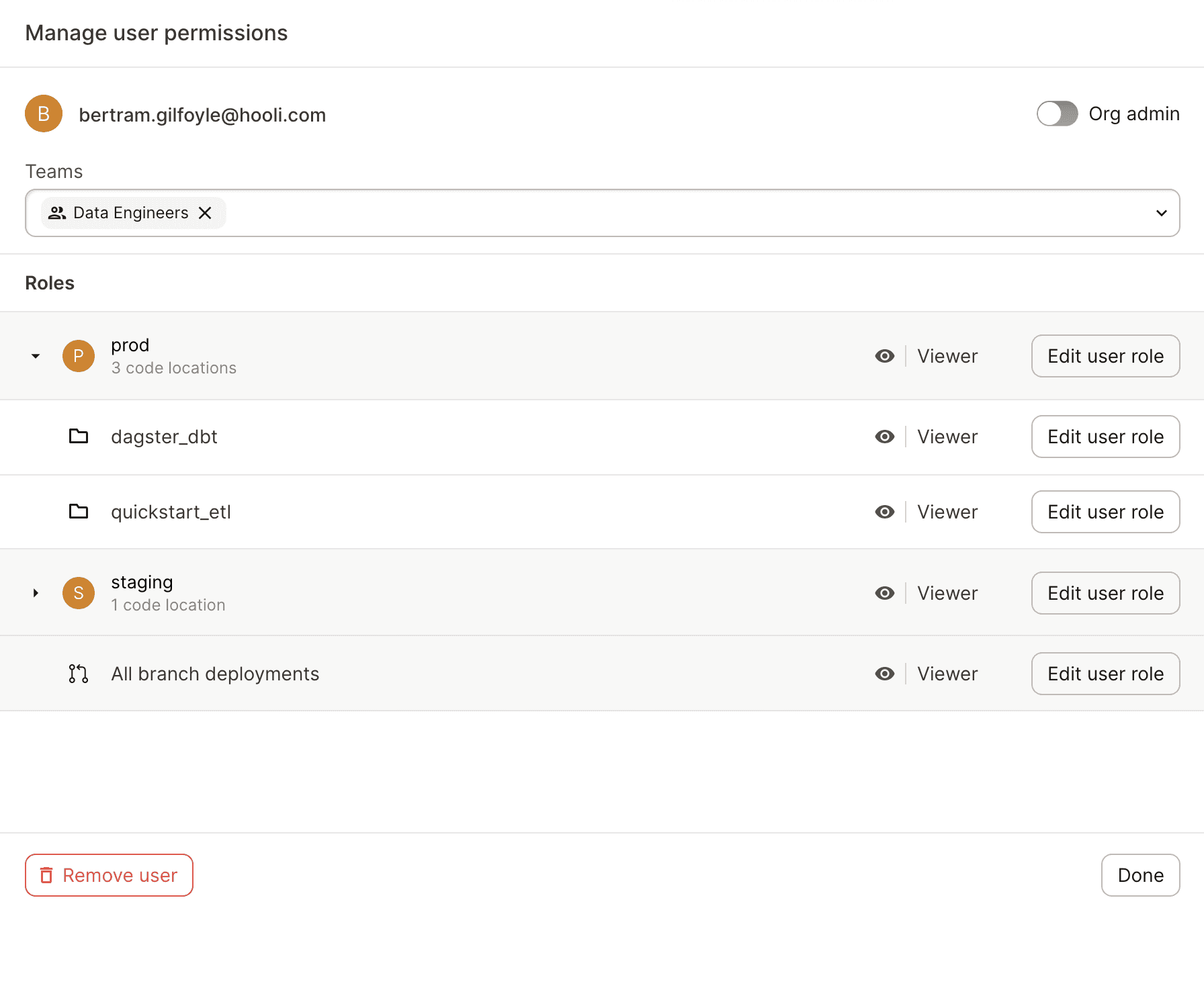 Managing user teams and roles for a user in Dagster+